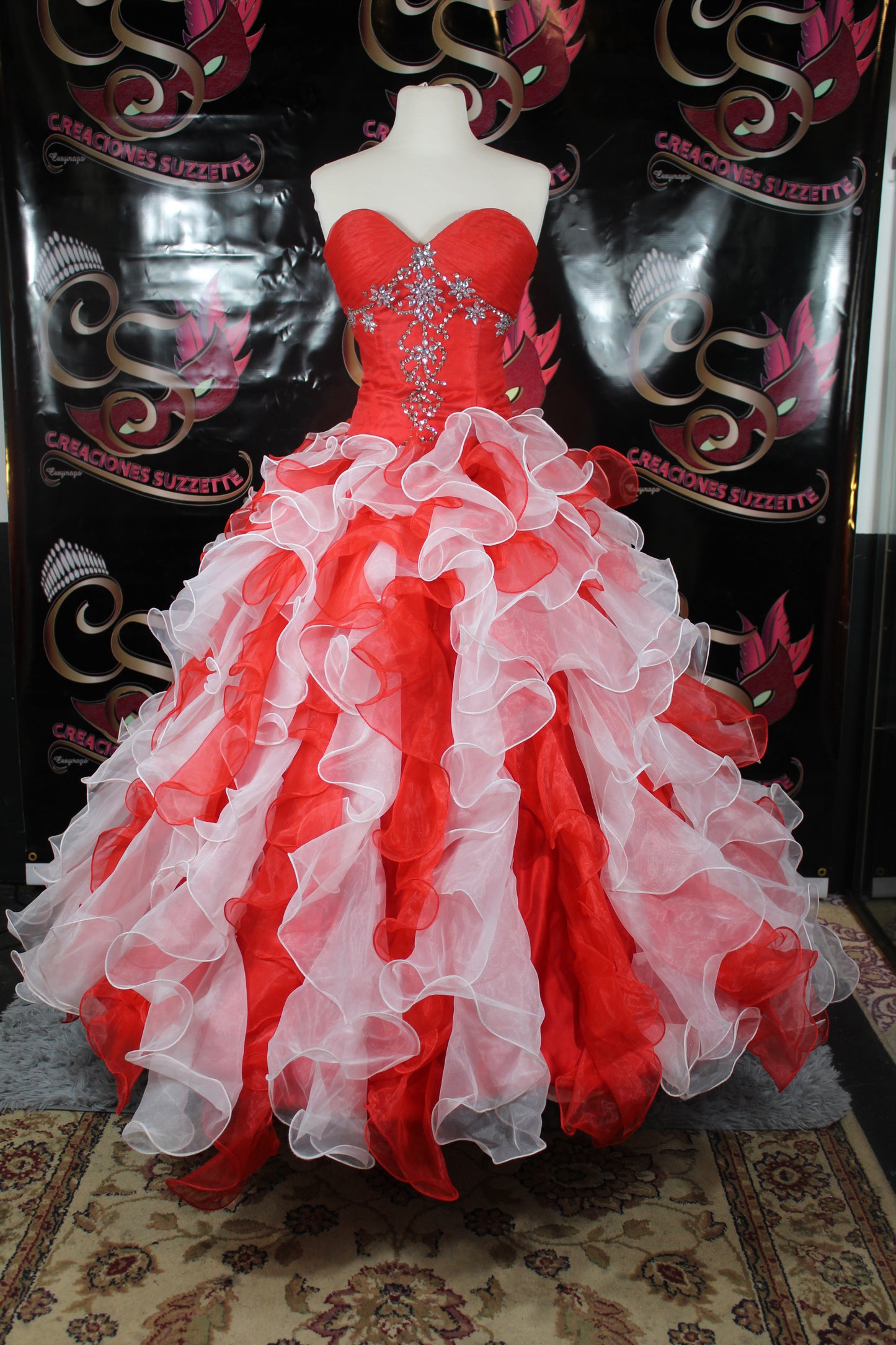 Quinceañera Fashion Red White Ruffles Dress